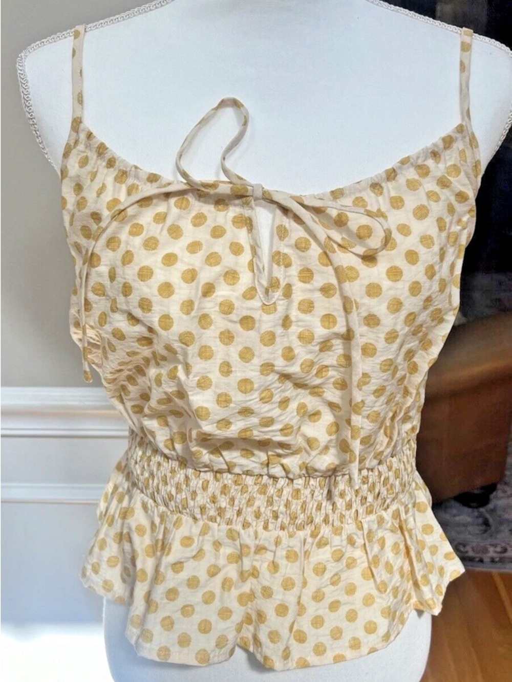 Spaghetti Strap Polka Dot Peplum Top - Yellow Dots on Cream